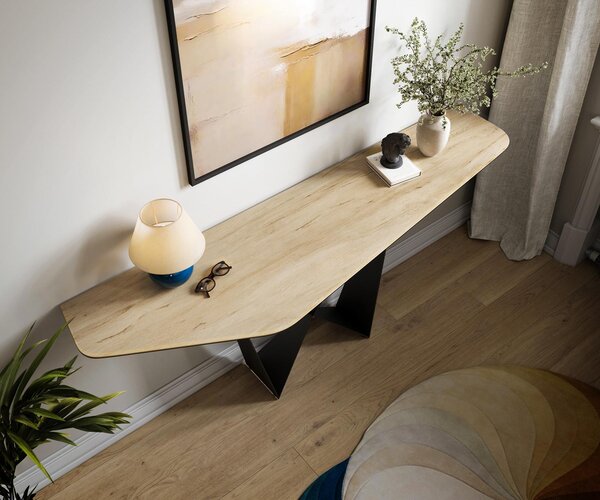 DELIFE Konzolový stůl Edge polygonální 180×50 cm keramika Laminam® Sabbia dubová barva Spios kov černá