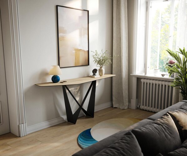 DELIFE Konzolový stůl Edge polygonální 180×50 cm keramika Laminam® Sabbia dubová barva Spios kov černá