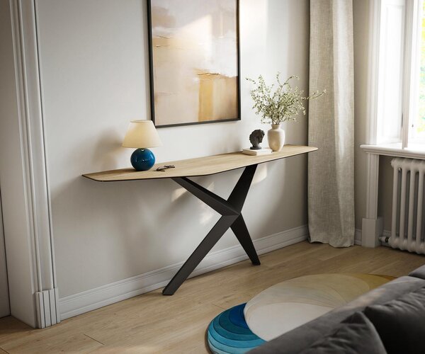 DELIFE Konzolový stůl Edge polygonální 180×50 cm keramika Laminam® Sabbia dubová Zentharo kov černý