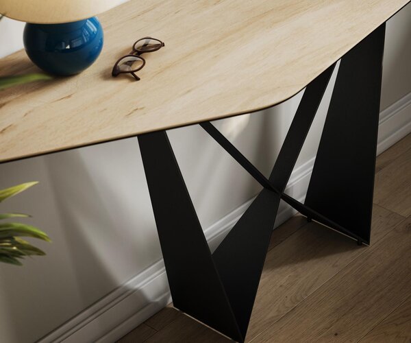 DELIFE Konzolový stůl Edge polygonální 180×50 cm keramika Laminam® Sabbia dubová barva Spios kov černá