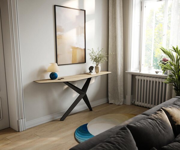 DELIFE Konzolový stůl Edge polygonální 180×50 cm keramika Laminam® Sabbia dubová Zentharo kov černý