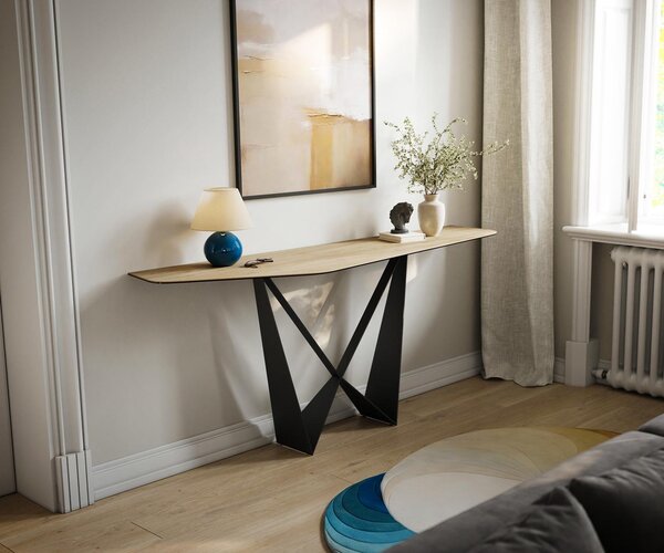 DELIFE Konzolový stůl Edge polygonální 180×50 cm keramika Laminam® Sabbia dubová barva Spios kov černá