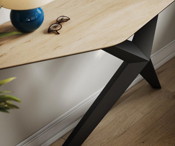 DELIFE Konzolový stůl Edge polygonální 180×50 cm keramika Laminam® Sabbia dubová Zentharo kov černý
