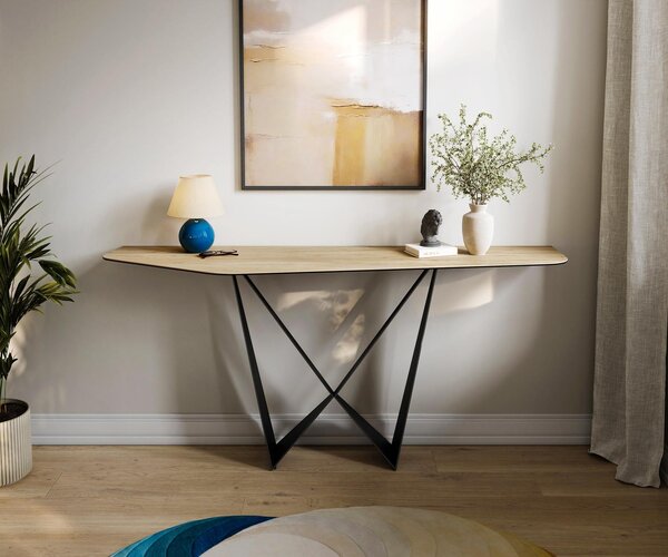 DELIFE Konzolový stůl Edge polygonální 180×50 cm keramika Laminam® Sabbia dubová barva Spios kov černá