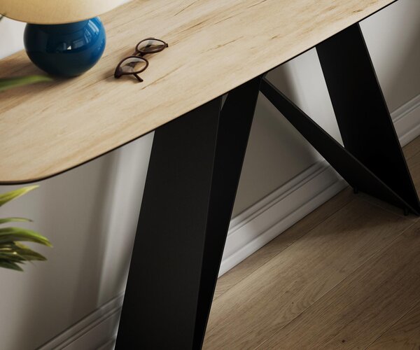 DELIFE Konzolový stůl Edge oválný tvar 180×40 cm keramika Laminam® Sabbia dubová barva Velio kov černá