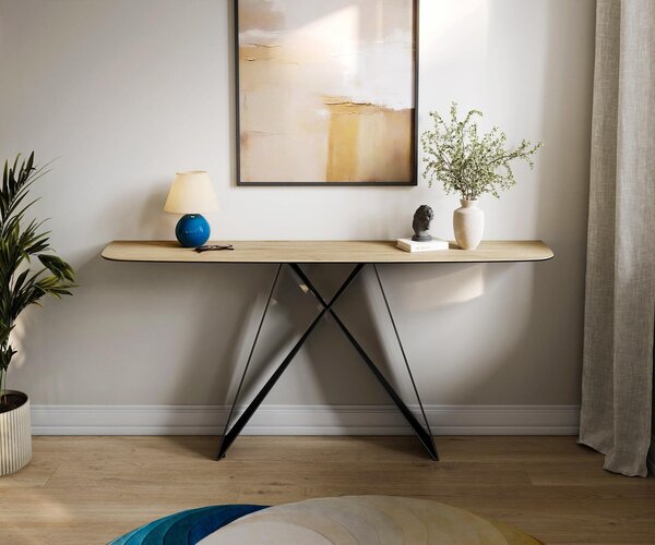 DELIFE Konzolový stůl Edge oválný tvar 180×40 cm keramika Laminam® Sabbia dubová barva Velio kov černá