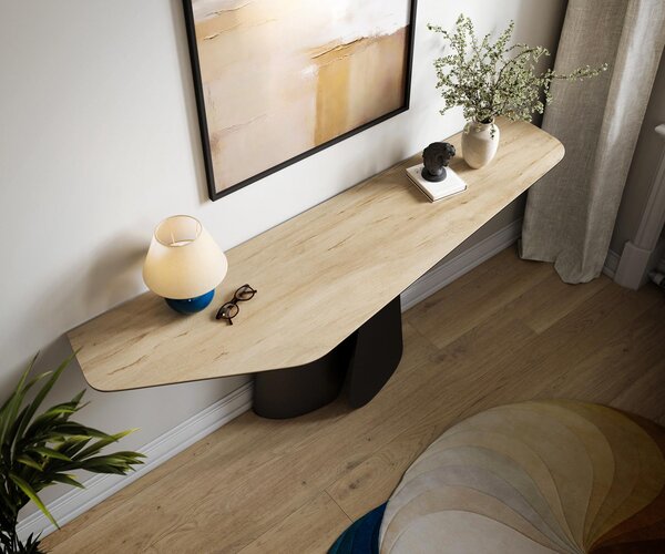 DELIFE Konzolový stůl Edge polygonální 180×50 cm keramika Laminam® Sabbia dubová Livos kov černá