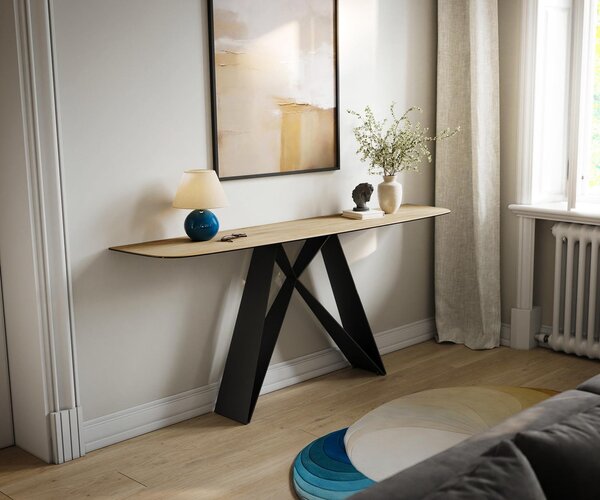 DELIFE Konzolový stůl Edge oválný tvar 180×40 cm keramika Laminam® Sabbia dubová barva Velio kov černá