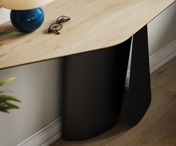 DELIFE Konzolový stůl Edge polygonální 180×50 cm keramika Laminam® Sabbia dubová Livos kov černá