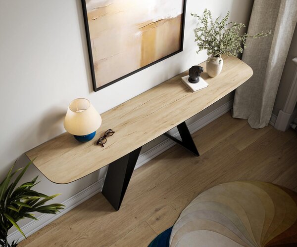 DELIFE Konzolový stůl Edge oválný tvar 180×40 cm keramika Laminam® Sabbia dubová barva Velio kov černá