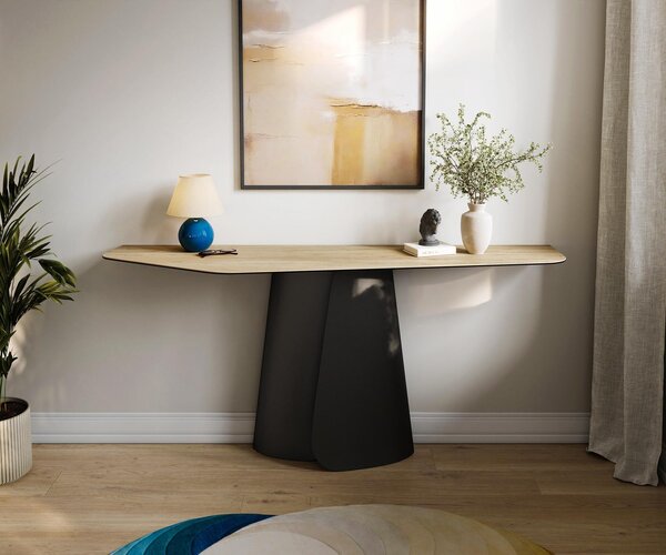 DELIFE Konzolový stůl Edge polygonální 180×50 cm keramika Laminam® Sabbia dubová Livos kov černá