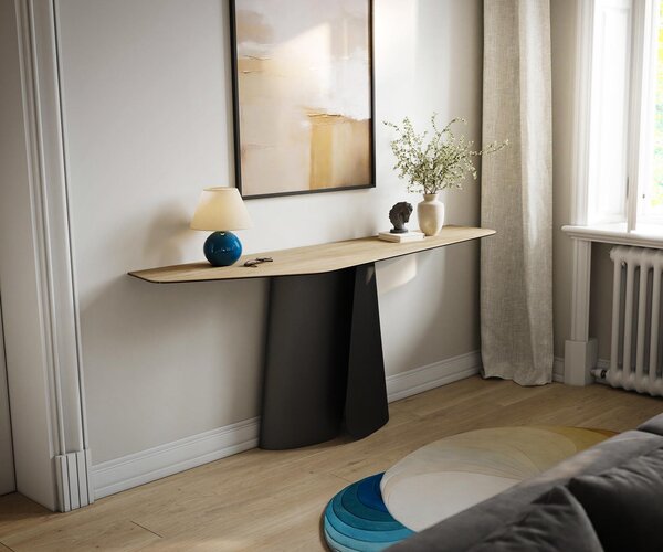 DELIFE Konzolový stůl Edge polygonální 180×50 cm keramika Laminam® Sabbia dubová Livos kov černá