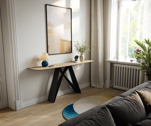 DELIFE Konzolový stůl Edge oválný tvar 180×40 cm keramika Laminam® Sabbia dubová barva Velio kov černá