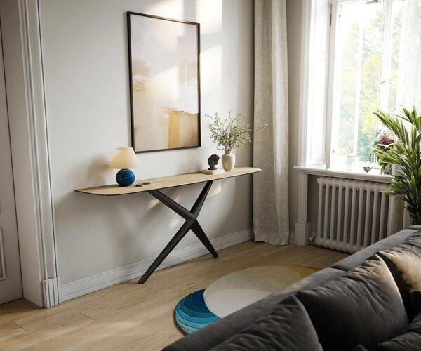 DELIFE Konzolový stůl Edge oválný tvar 180×40 cm keramika Laminam® Sabbia dubová barva Estelo kov černá