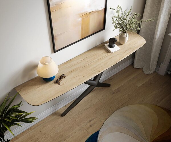 DELIFE Konzolový stůl Edge oválný tvar 180×40 cm keramika Laminam® Sabbia dubová barva Estelo kov černá