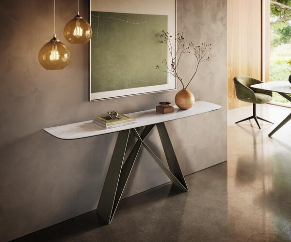 DELIFE Konzolový stůl Edge oválný tvar 180×40 cm keramika Onyx Pearl Velio kov titanová barva