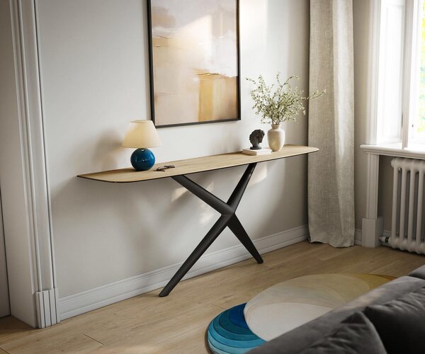 DELIFE Konzolový stůl Edge oválný tvar 180×40 cm keramika Laminam® Sabbia dubová barva Estelo kov černá