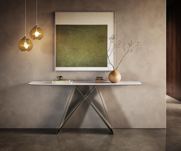 DELIFE Konzolový stůl Edge oválný tvar 180×40 cm keramika Onyx Pearl Velio kov titanová barva