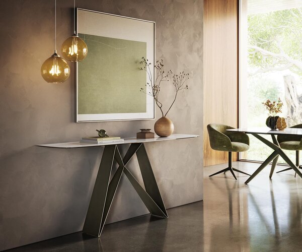 DELIFE Konzolový stůl Edge oválný tvar 180×40 cm keramika Onyx Pearl Velio kov titanová barva