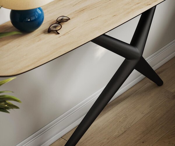 DELIFE Konzolový stůl Edge oválný tvar 180×40 cm keramika Laminam® Sabbia dubová barva Estelo kov černá