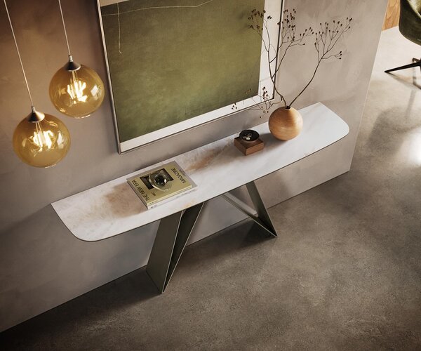 DELIFE Konzolový stůl Edge oválný tvar 180×40 cm keramika Onyx Pearl Velio kov titanová barva