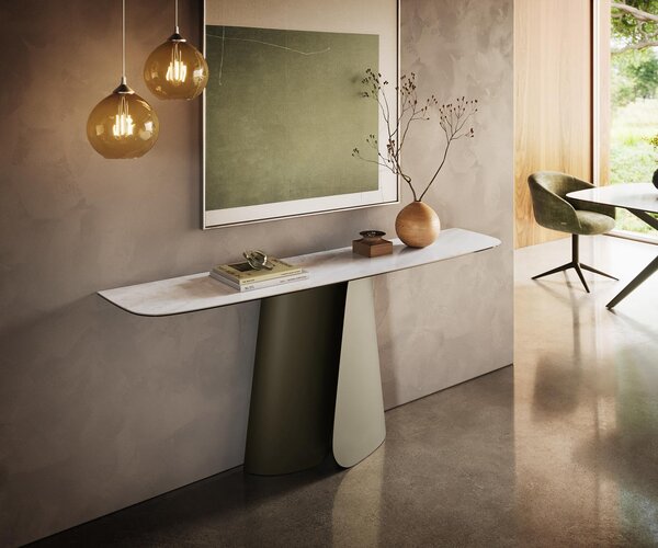DELIFE Konzolový stůl Edge oválný tvar 180×40 cm keramika Onyx Pearl Livos kov titanová barva