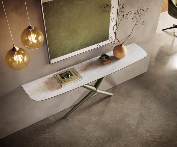 DELIFE Konzolový stůl Edge oválný tvar 180×40 cm keramika Onyx Pearl Estelo kov titanová barva