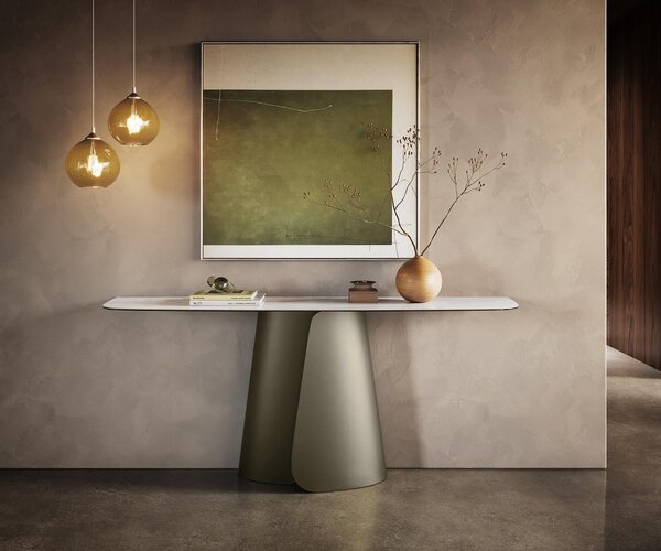 DELIFE Konzolový stůl Edge oválný tvar 180×40 cm keramika Onyx Pearl Livos kov titanová barva
