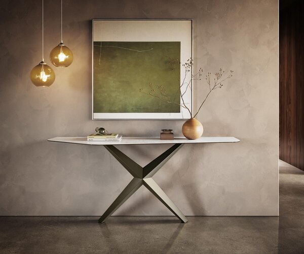 DELIFE Konzolový stůl Edge polygonální 180×50 cm keramika Onyx Pearl Zentharo kov titanová barva