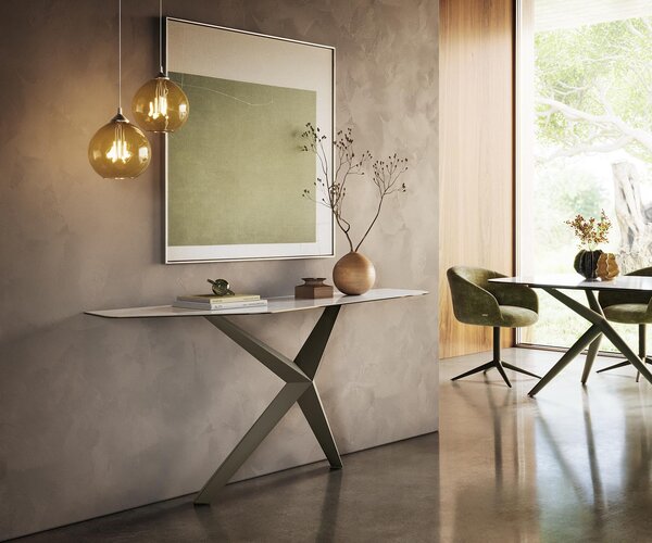 DELIFE Konzolový stůl Edge polygonální 180×50 cm keramika Onyx Pearl Zentharo kov titanová barva
