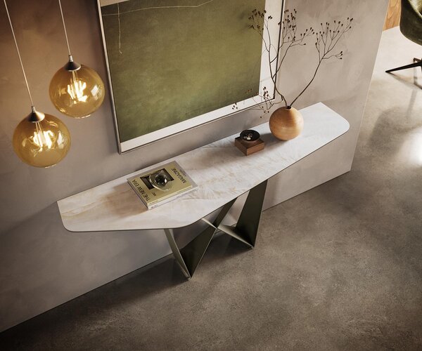 DELIFE Konzolový stůl Edge polygonální 180×50 cm keramika Onyx Pearl Spios kov titanová barva