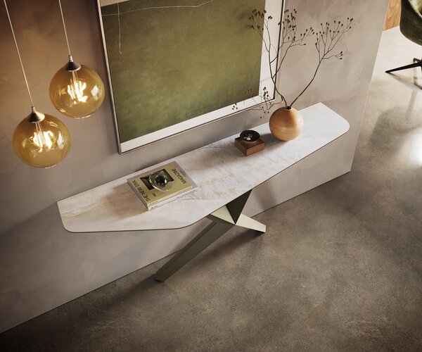 DELIFE Konzolový stůl Edge polygonální 180×50 cm keramika Onyx Pearl Zentharo kov titanová barva