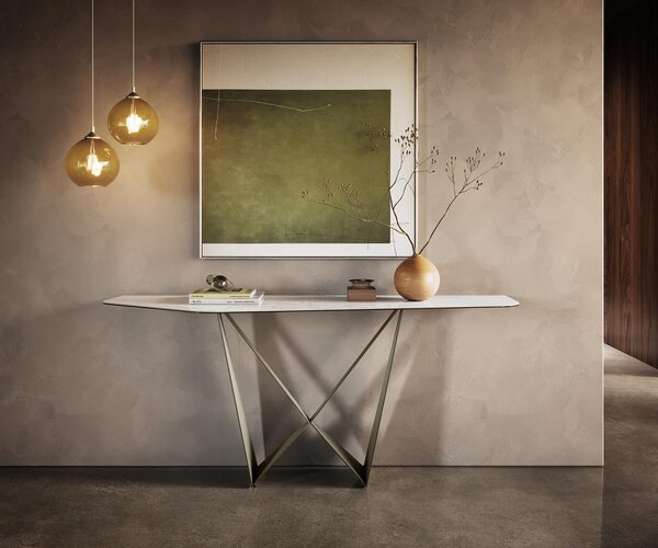 DELIFE Konzolový stůl Edge polygonální 180×50 cm keramika Onyx Pearl Spios kov titanová barva
