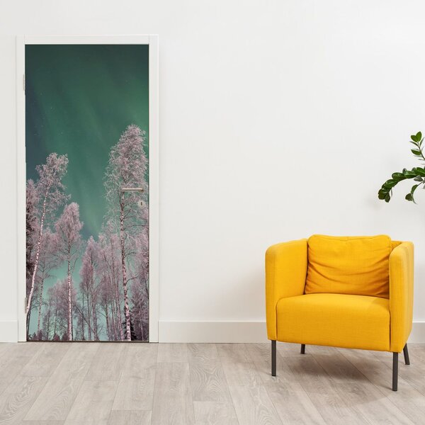Fototapeta na dveře - Polární záře nad zmrzlými stromy (95x205cm)