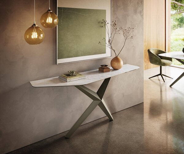 DELIFE Konzolový stůl Edge polygonální 180×50 cm keramika Onyx Pearl Zentharo kov titanová barva