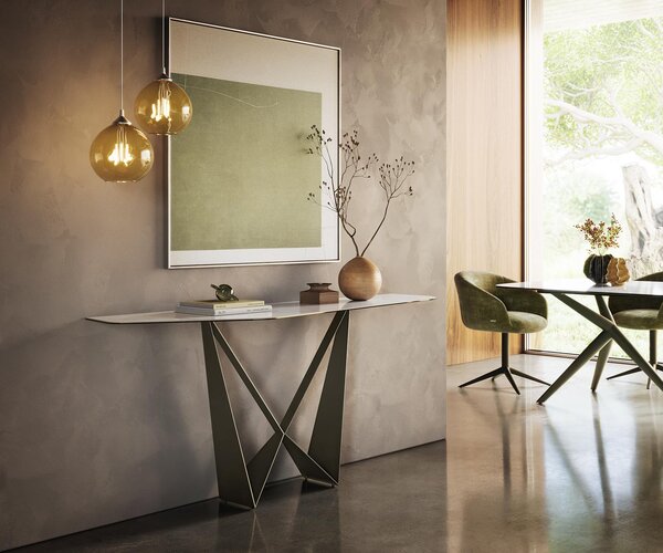 DELIFE Konzolový stůl Edge polygonální 180×50 cm keramika Onyx Pearl Spios kov titanová barva