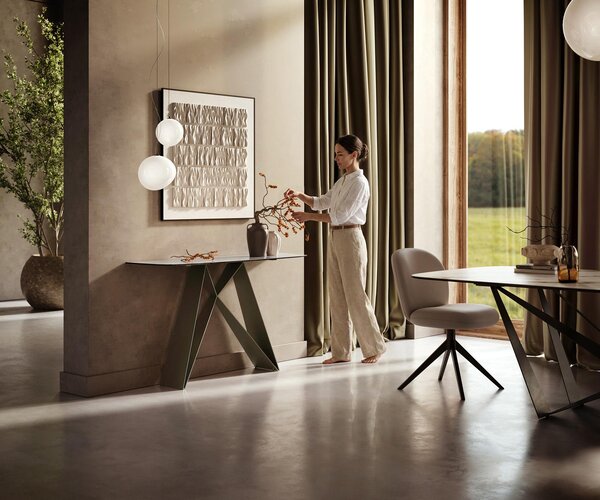 DELIFE Konzolový stůl Edge oválný 140×40 cm keramika Onyx Pearl Velio kov titanová barva