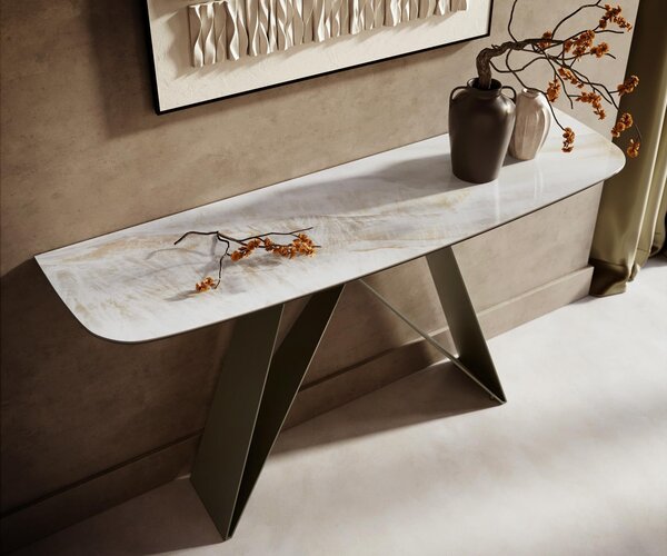 DELIFE Konzolový stůl Edge oválný 140×40 cm keramika Onyx Pearl Velio kov titanová barva
