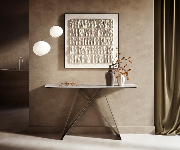 DELIFE Konzolový stůl Edge oválný 140×40 cm keramika Onyx Pearl Velio kov titanová barva
