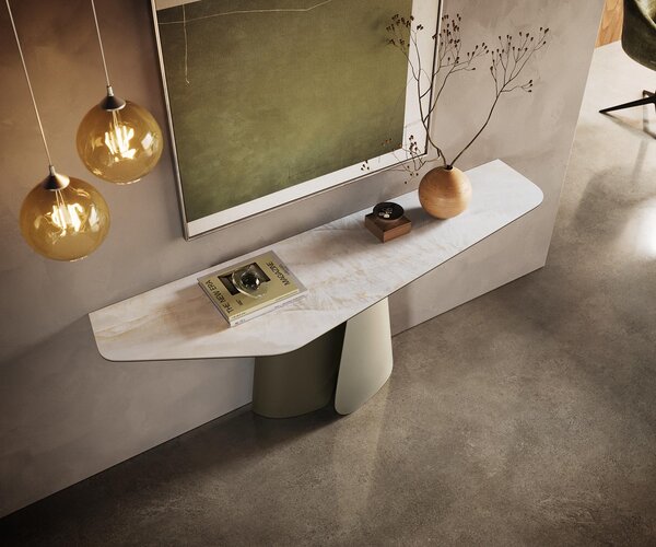 DELIFE Konzolový stůl Edge polygonální 180×50 cm keramika Onyx Pearl Livos kov titanová barva