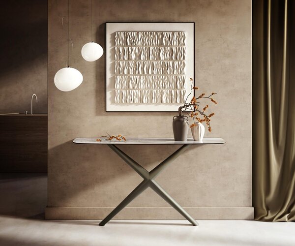 DELIFE Konzolový stůl Edge oválný tvar 140×40 cm keramika Onyx Pearl Estelo kov titanová barva