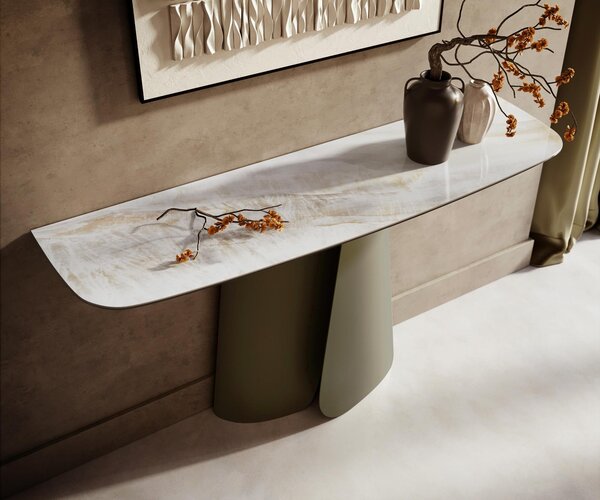 DELIFE Konzolový stůl Edge oválný 140×40 cm keramika Onyx Pearl Livos kov titanová barva