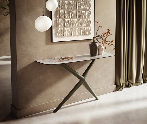 DELIFE Konzolový stůl Edge oválný tvar 140×40 cm keramika Onyx Pearl Estelo kov titanová barva