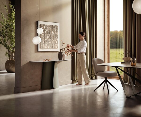 DELIFE Konzolový stůl Edge oválný 140×40 cm keramika Onyx Pearl Livos kov titanová barva