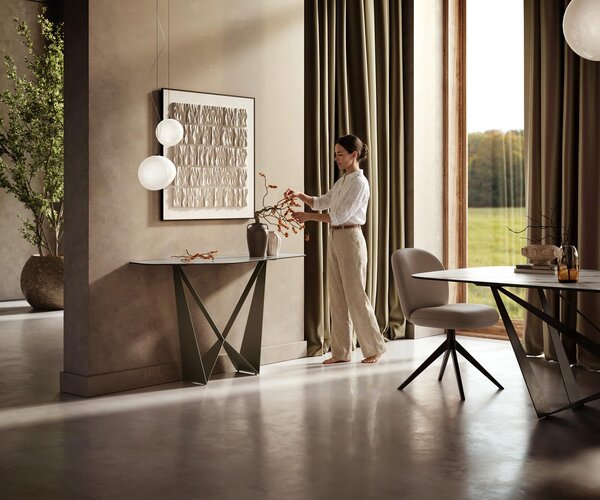 DELIFE Konzolový stůl Edge polygonální 140×50 cm keramika Onyx Pearl Spios kov titanová barva