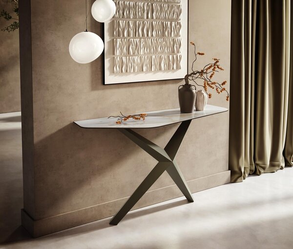 DELIFE Konzolový stůl Edge polygonální 140×50 cm keramika Onyx Pearl Zentharo kov titanová barva
