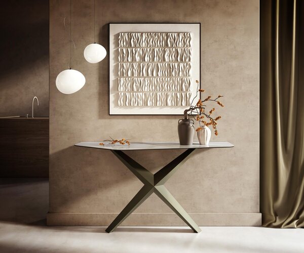 DELIFE Konzolový stůl Edge polygonální 140×50 cm keramika Onyx Pearl Zentharo kov titanová barva