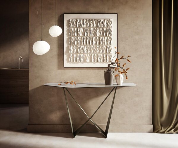 DELIFE Konzolový stůl Edge polygonální 140×50 cm keramika Onyx Pearl Spios kov titanová barva