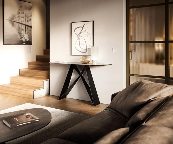 DELIFE Konzolový stůl Edge oválný tvar 140×40 cm keramika beton šedá Velio kov černá