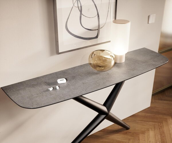 DELIFE Konzolový stolek Edge oválný 140×40 cm keramika beton šedá Estelo kov černá